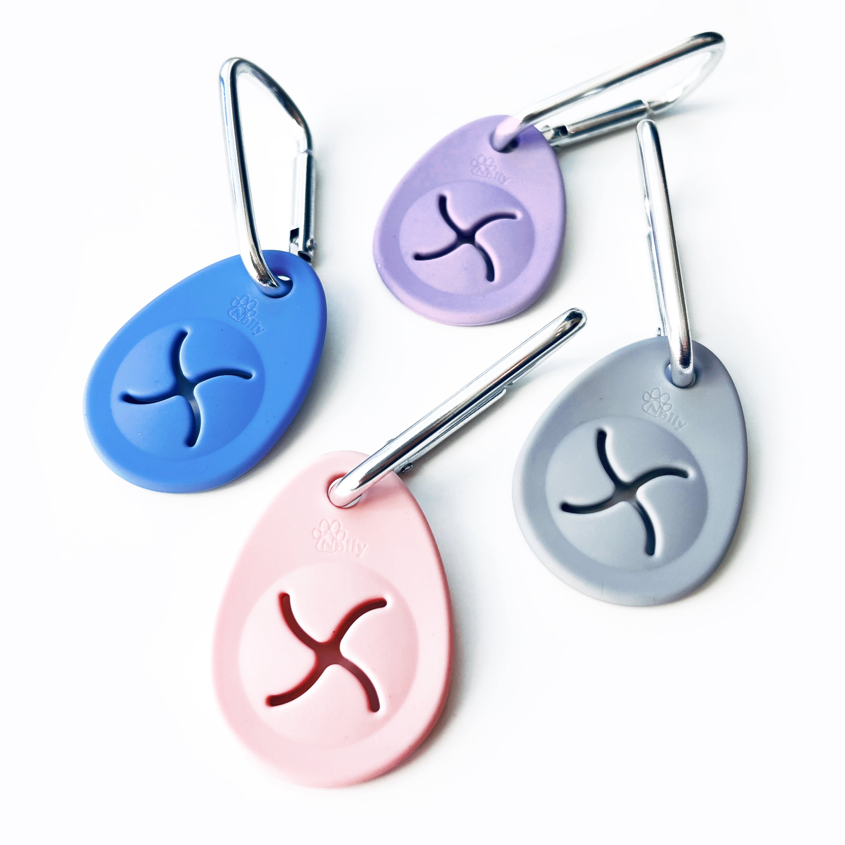 Four oval-shaped poop bag holder with different colors and symbols on a white background