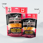 Two packages of Rocky Mountain Raw air-dried treats for dogs on a light gray background.