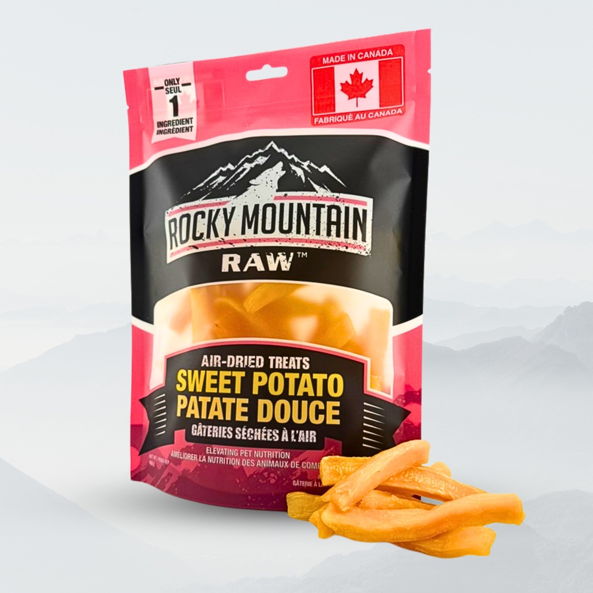 Rocky Mountain Raw Sweet Potato treats packaging with treats in front on a white background