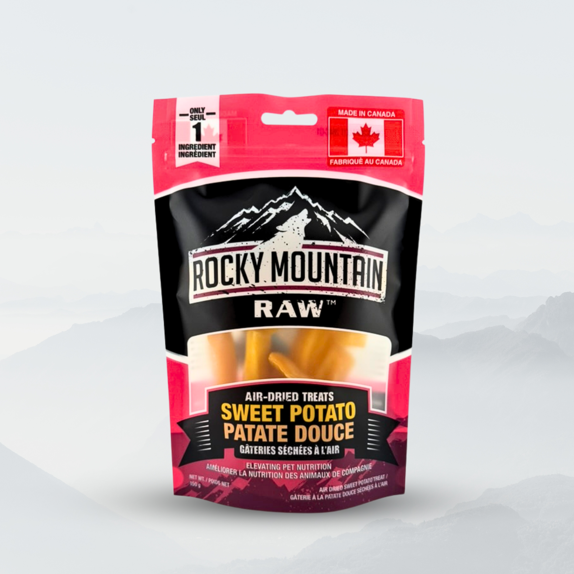 Package of Rocky Mountain Raw sweet potato treats on a white background