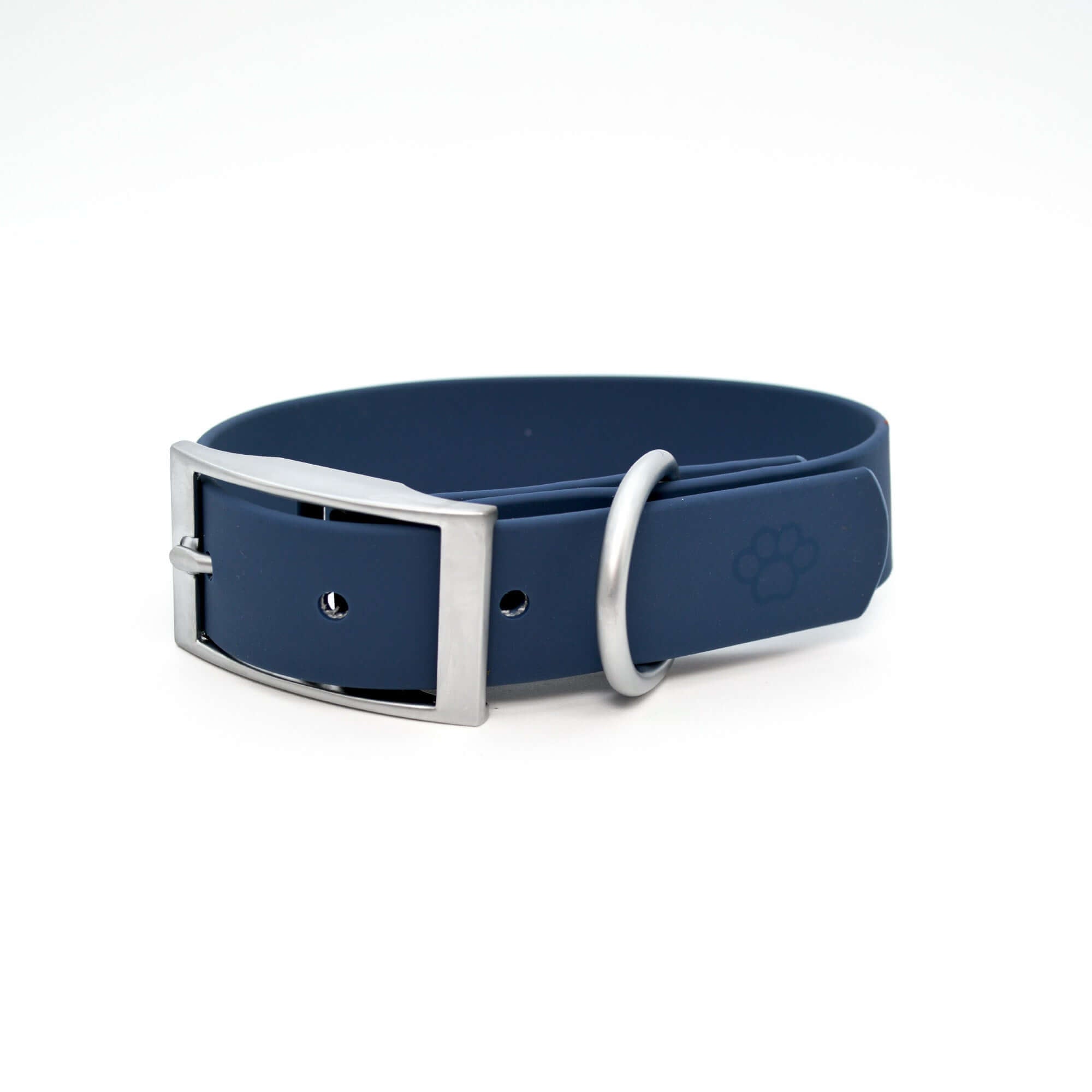 Blue dog collar with silver buckle on a white background