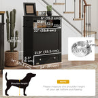 Black pet bowl and storate cabinet with measurements in a home setting, including a dog silhouette for scale.