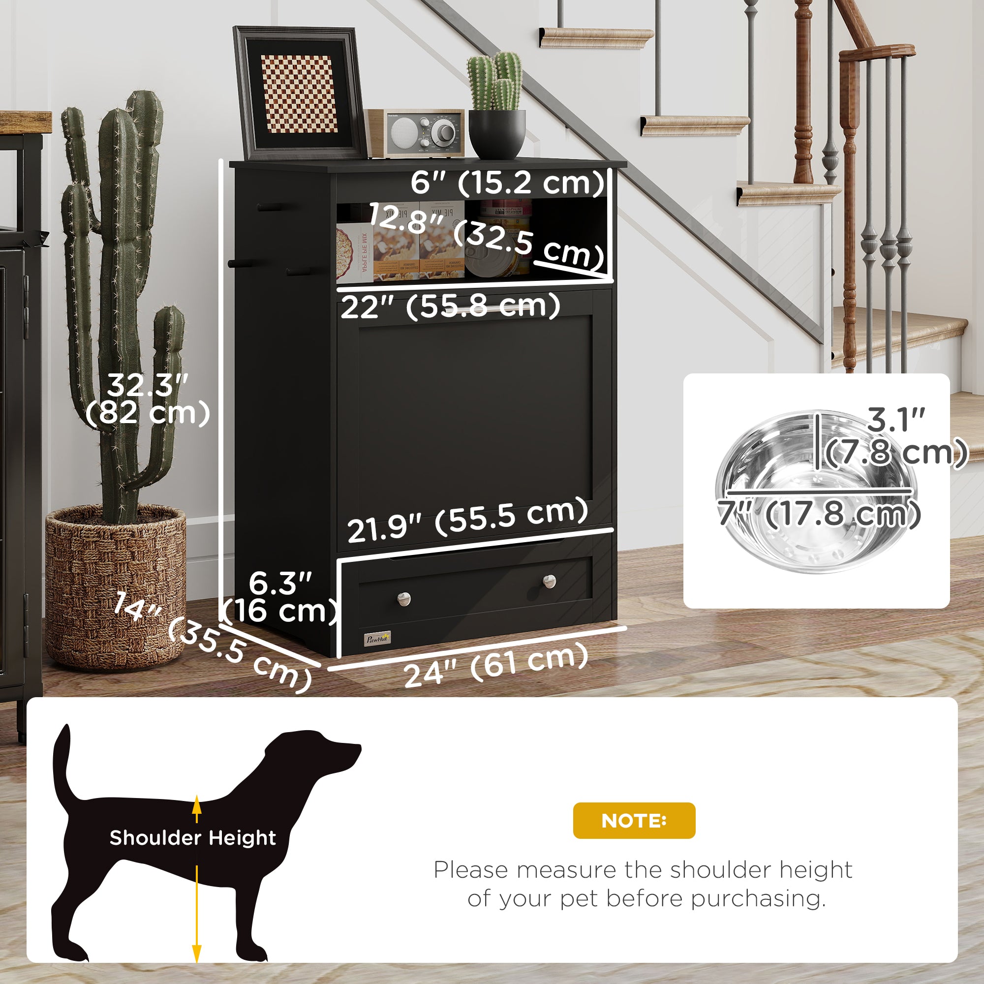 Black pet bowl and storate cabinet with measurements in a home setting, including a dog silhouette for scale.