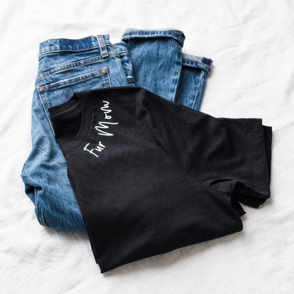 Black t-shirt with 'Far Mom' text on a white background