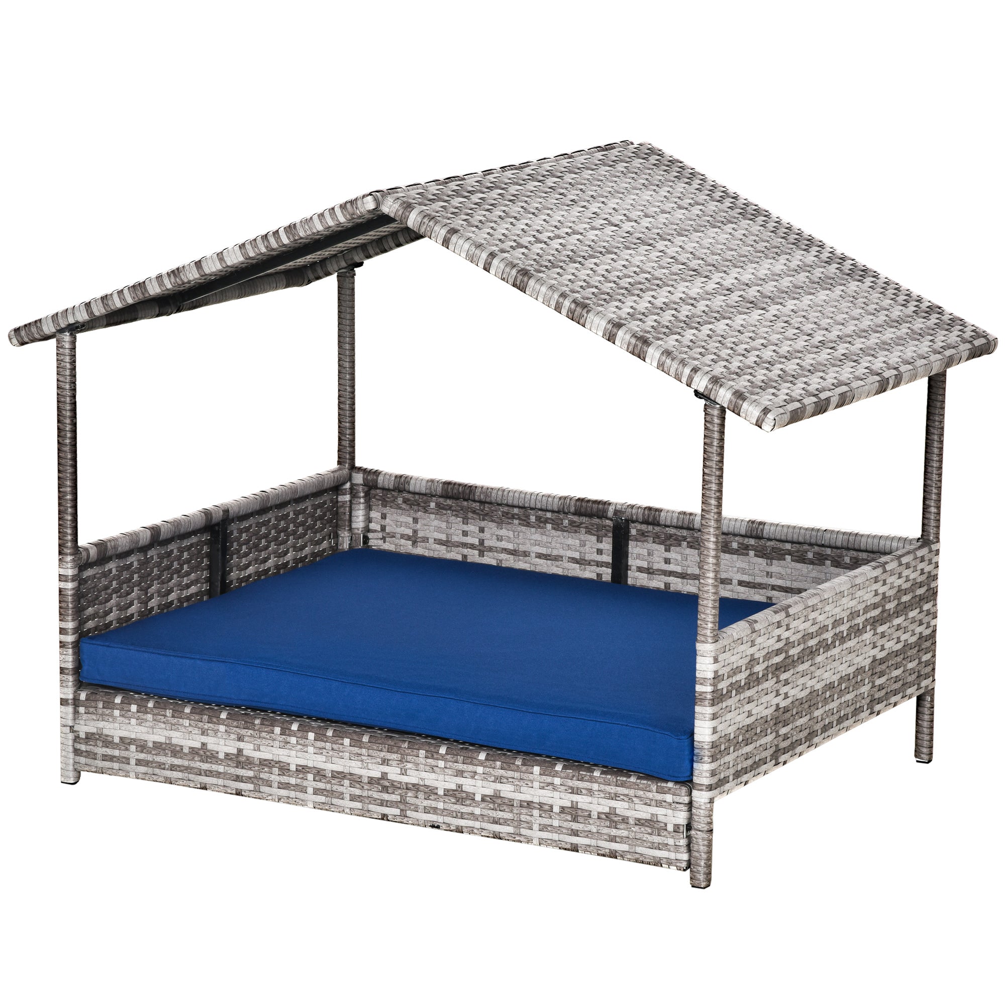 Rattan outdoor daybed with canopy and blue cushion on a white background