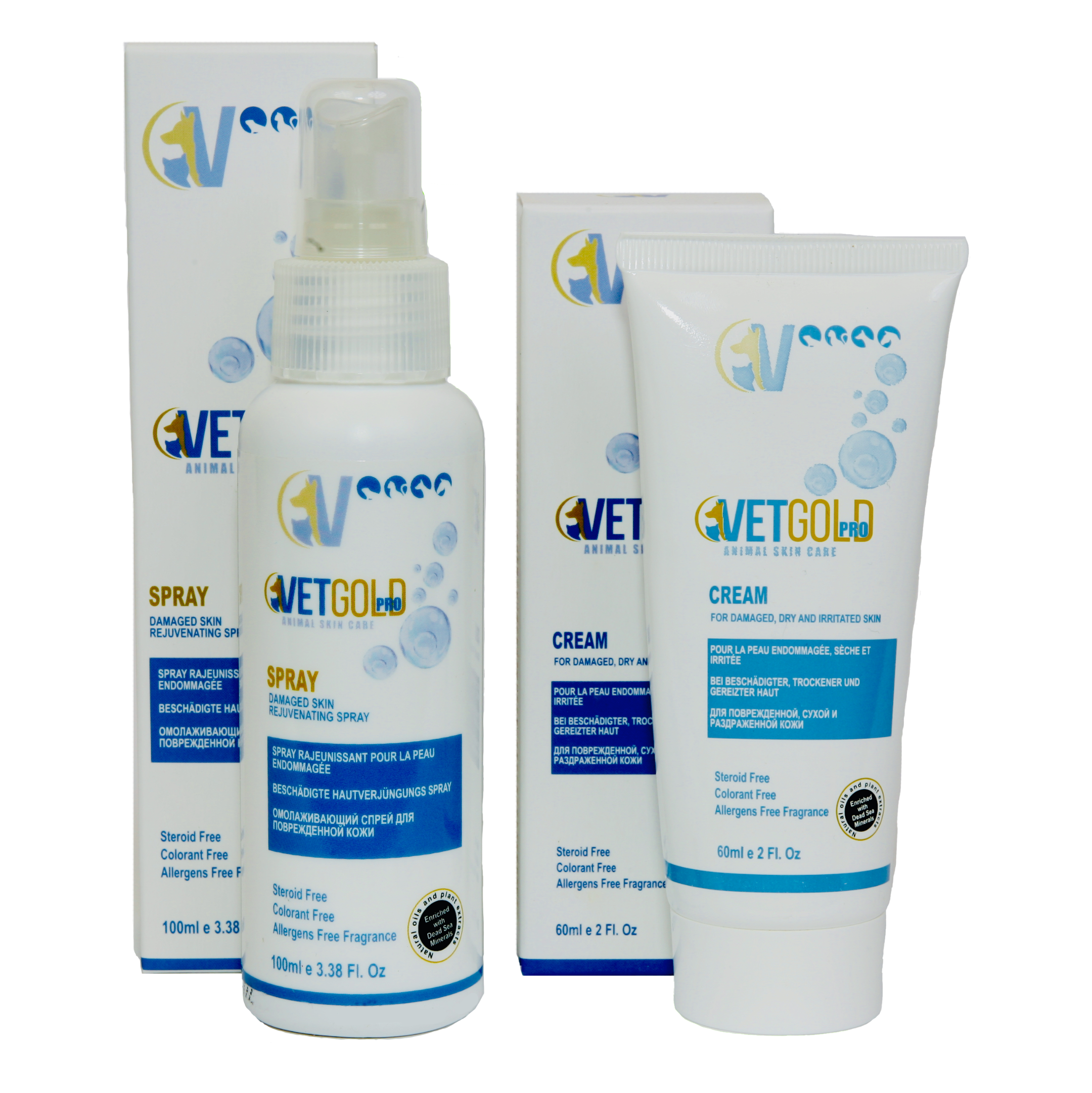 VetGold pet care products including spray and cream on a white background