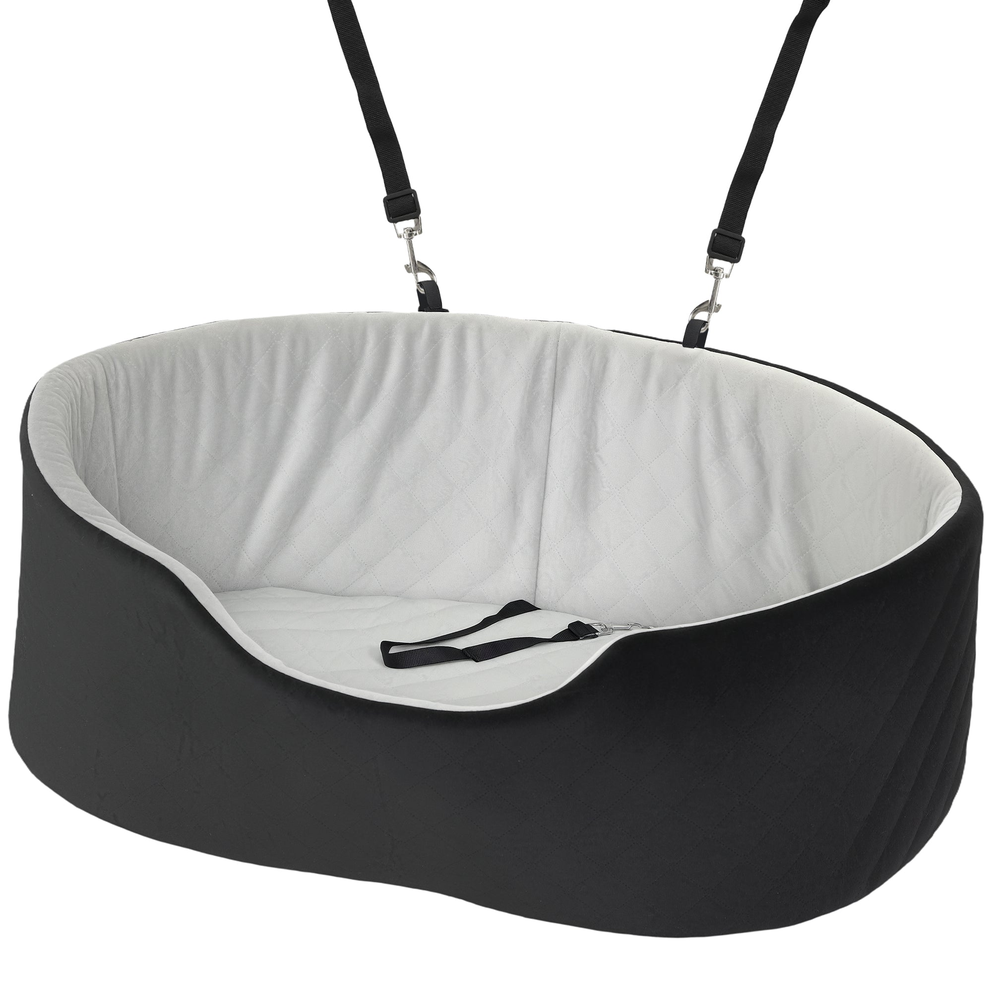 Black and gray pet car seat with straps on a white background