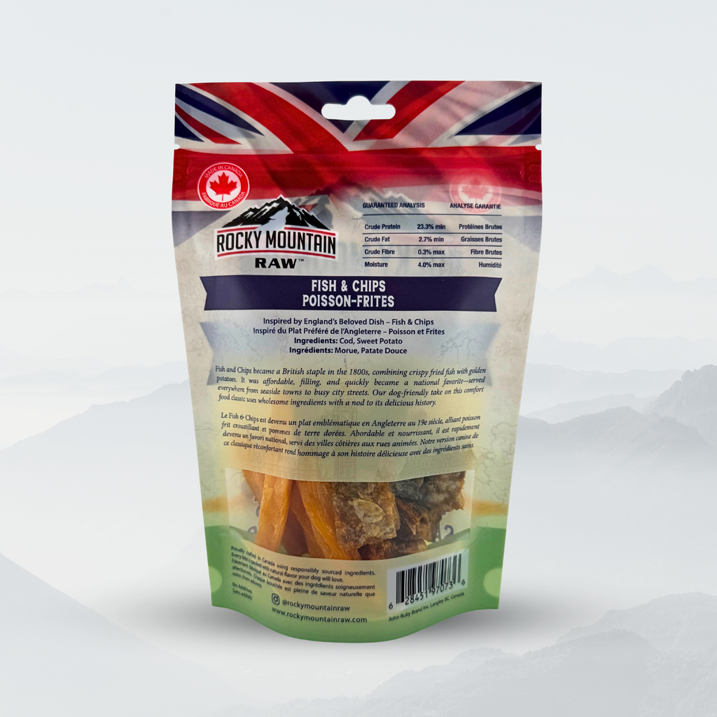 Rocky Mountain Raw Fish & Chips package with British flag design on a white background