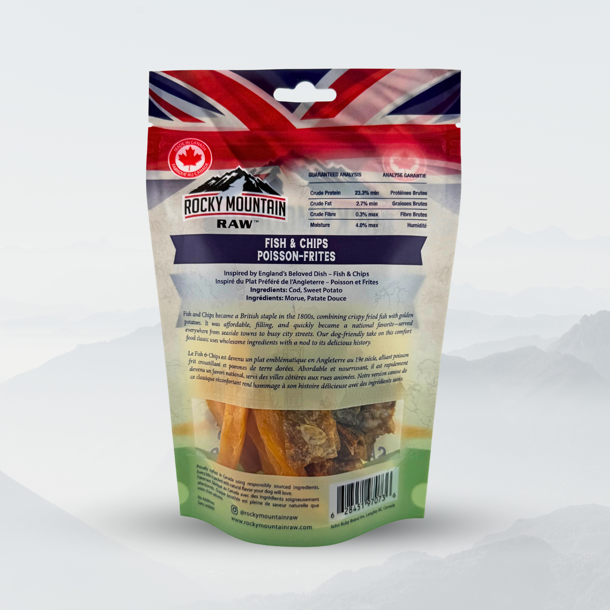 Rocky Mountain Raw Fish & Chips package with British flag design on a white background