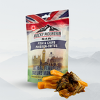 Rocky Mountain Raw fish and chips packaging with a mountain and flag design on a white background