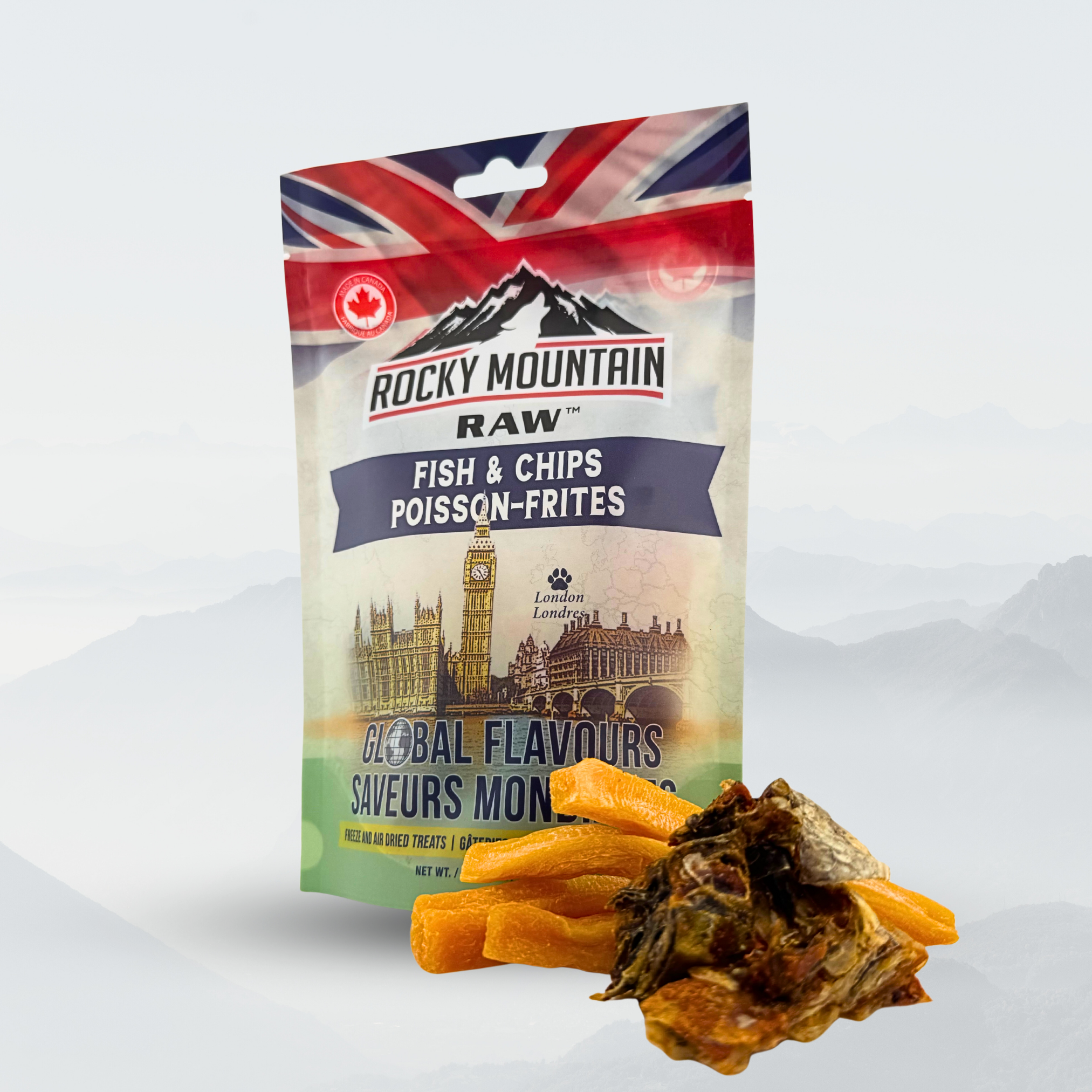 Rocky Mountain Raw fish and chips packaging with a mountain and flag design on a white background