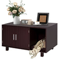 Dark brown litter box enclosure with a cat, flowers, and decorative items on a white background