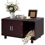 Dark brown litter box enclosure with a cat, flowers, and decorative items on a white background