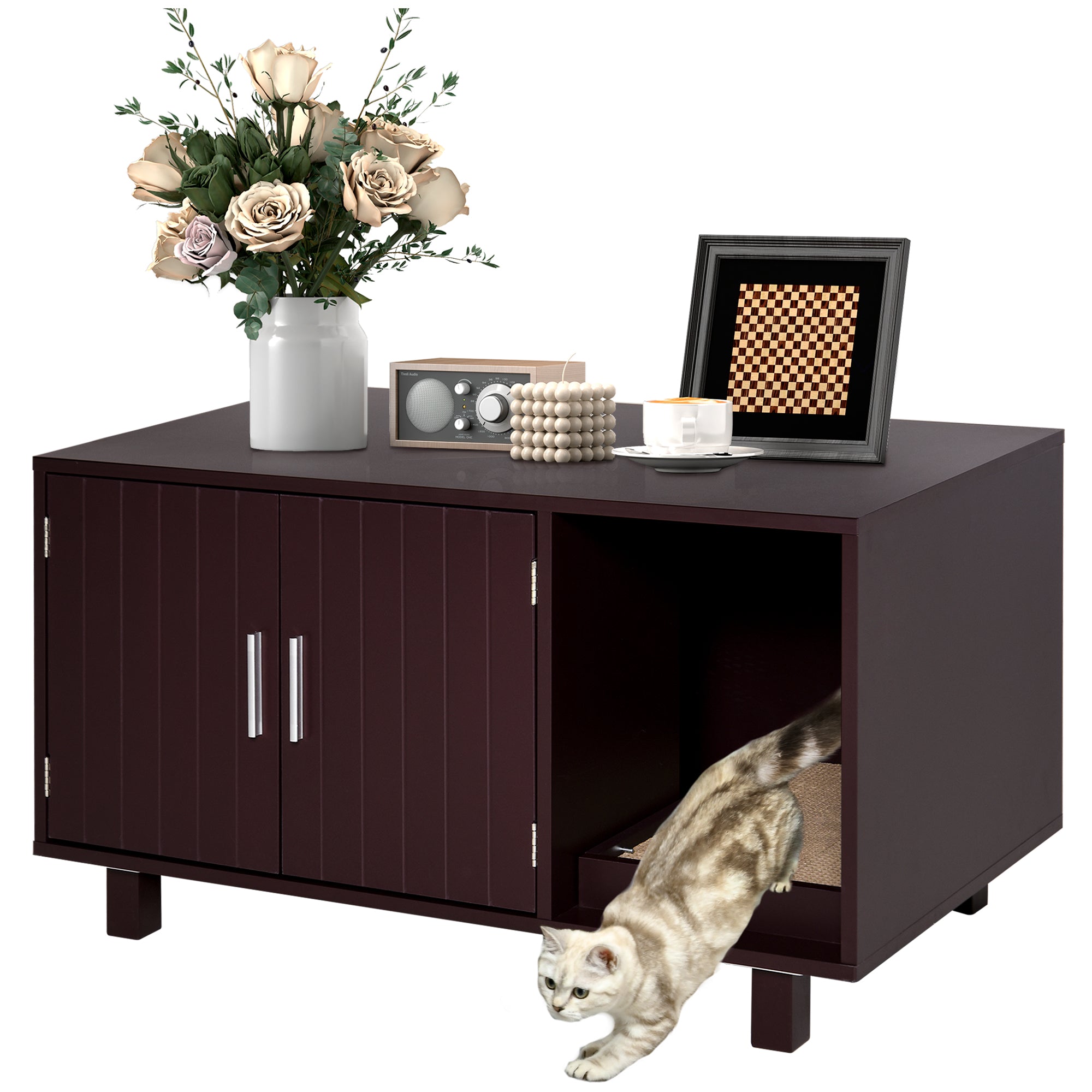 Dark brown litter box enclosure with a cat, flowers, and decorative items on a white background