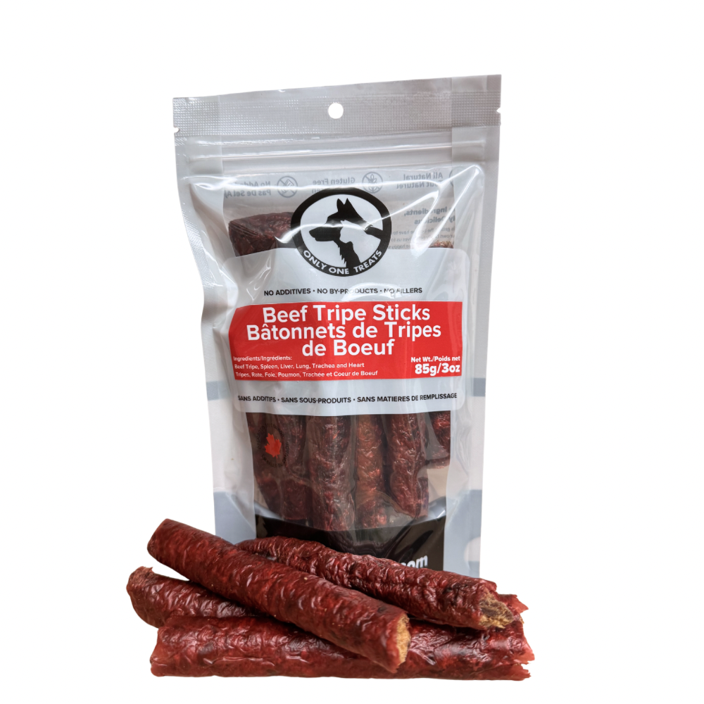 Package of Beef Tripe Sticks with visible beef sticks in front on a white background