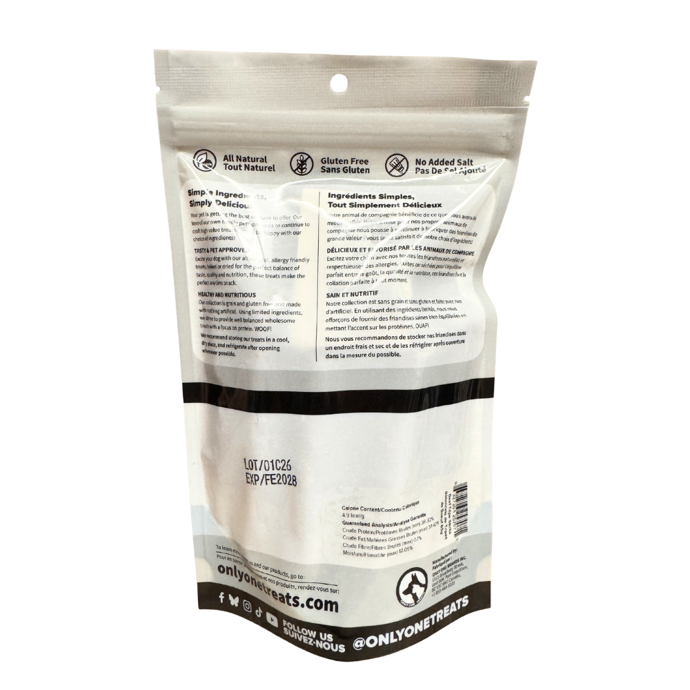 White pet treat bag with black text and branding on a white background