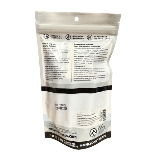White pet treat bag with black text and branding on a white background