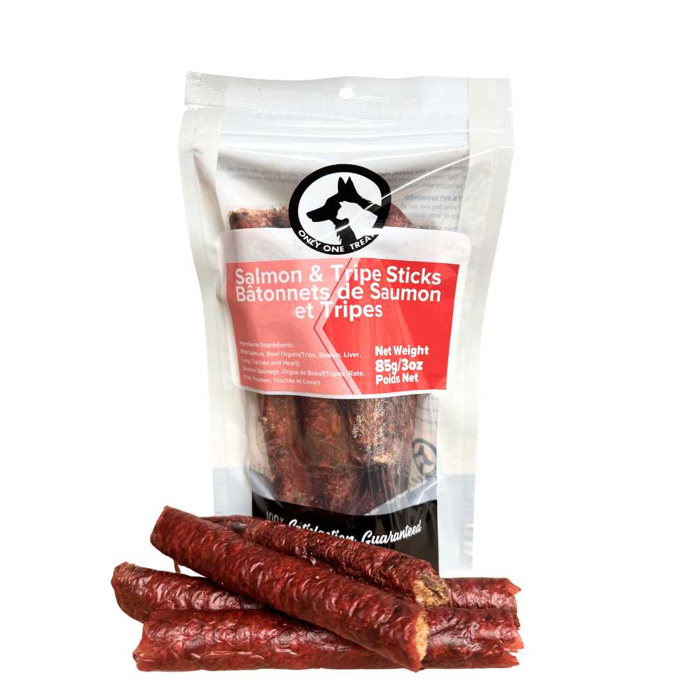 Package of Salmon & Tripe Sticks with three sticks in front on a white background
