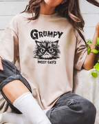 Person wearing a beige sweatshirt with a cat graphic and text 'Grumpy Most Days'.