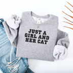 Gray sweatshirt with 'Just a Girl and Her Cat' text on a white background