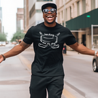 Man wearing a black t-shirt with a hockey and my dog graphic design on a city street