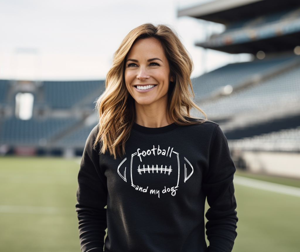 Woman wearing a black sweatshirt with a football and my dog text on a sports field, with 'Take it or Leave it' text.