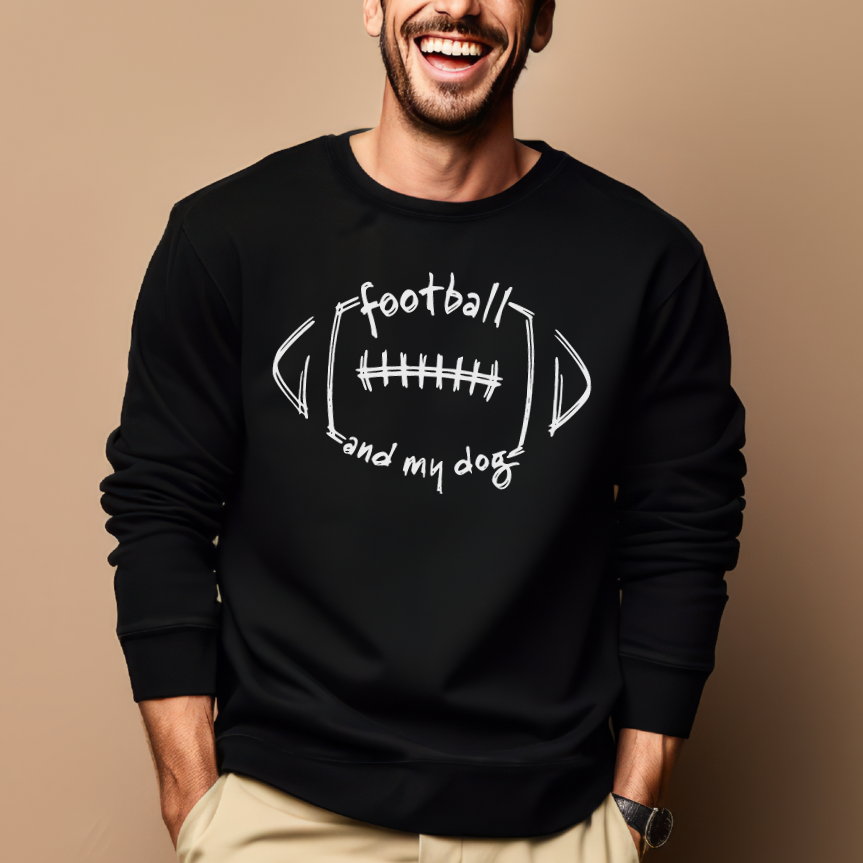 Man wearing a black sweatshirt with a football and my dog graphic and text on a brown background
