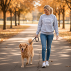 Woman walking a dog wearing a shirt that states Football and my dog on a path with trees in the background during autumn.