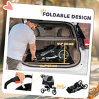 Foldable baby stroller being loaded into a car trunk with measurements and additional images of the stroller.