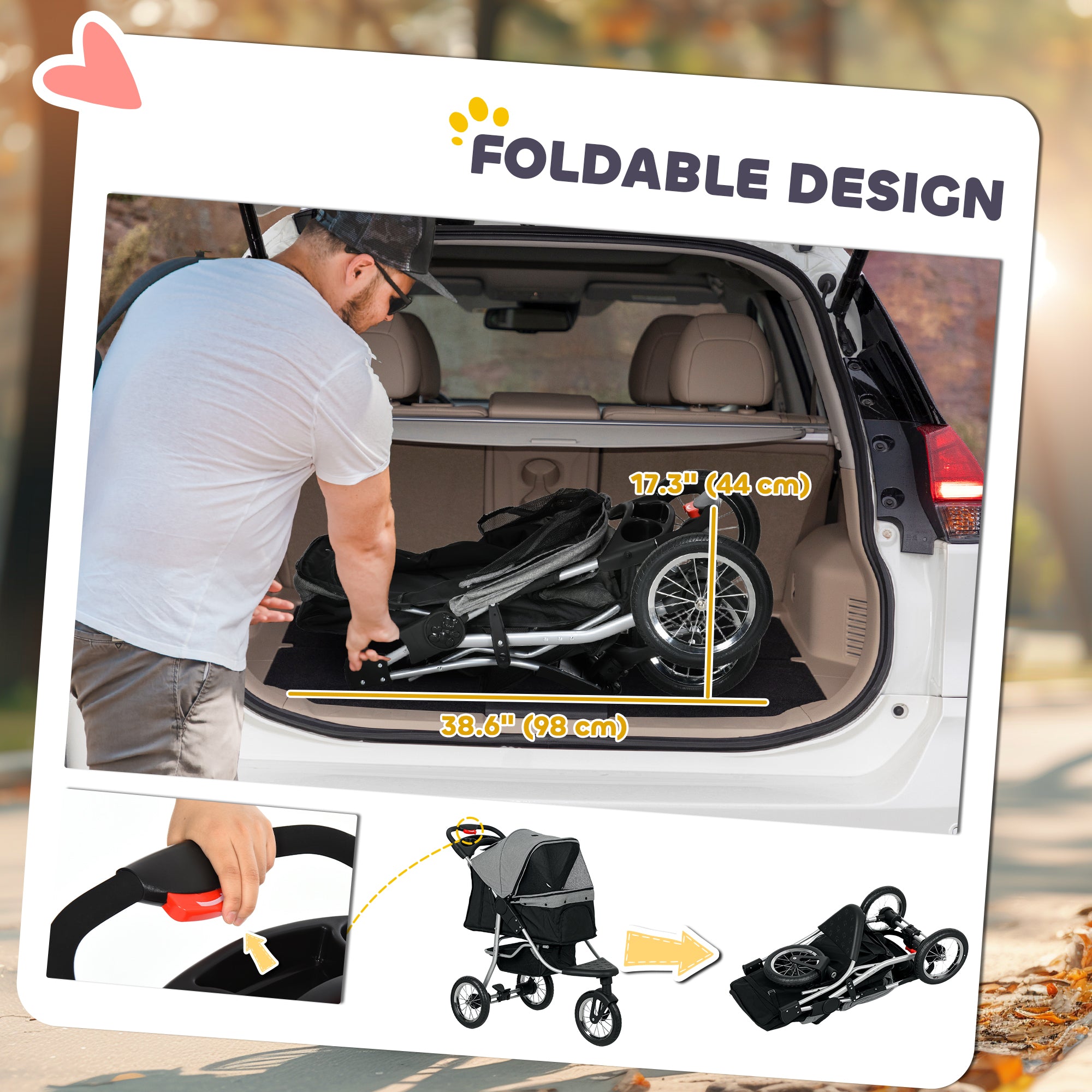 Foldable baby stroller being loaded into a car trunk with measurements and additional images of the stroller.