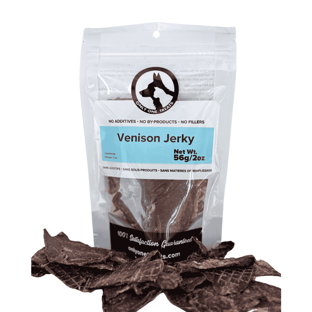 Bag of venison jerky with visible jerky pieces on a white background