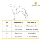 Dog size chart with measurements for Puccissime pet products