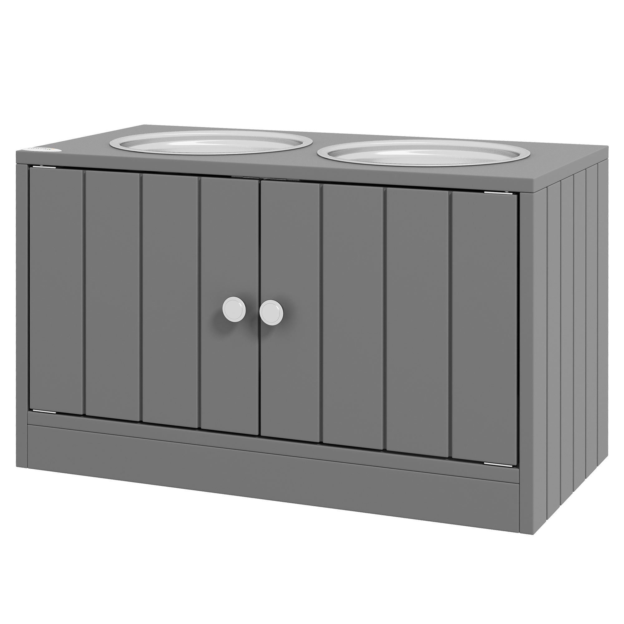 Gray pet food cabinet feeder with two round feeding bowls on top on a white background