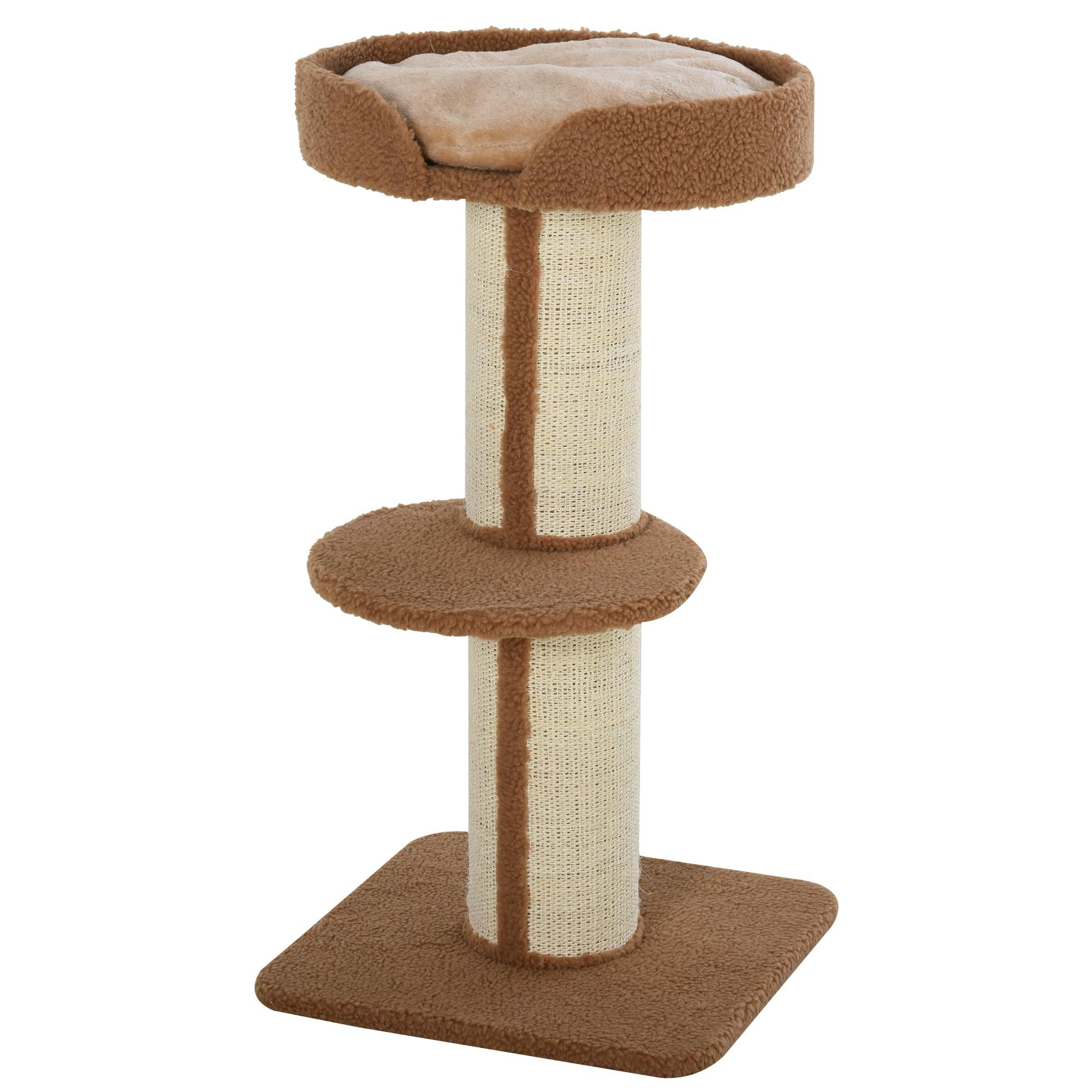 Cat tree with brown and beige cushion on a white background