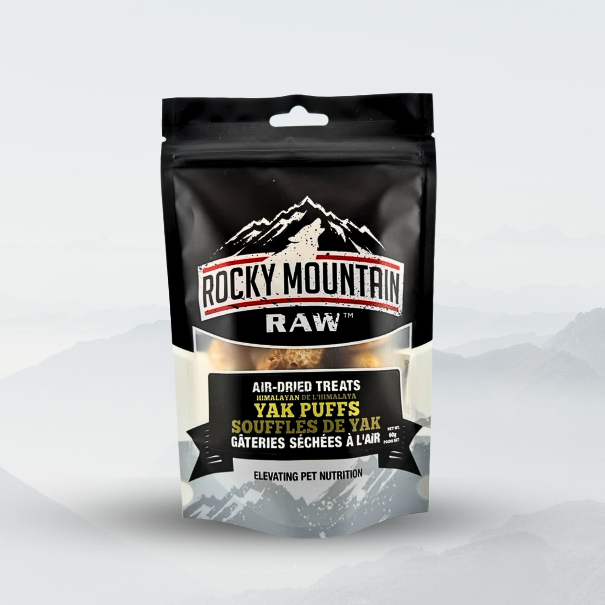 Package of Rocky Mountain Raw Yak Puffs on a white background