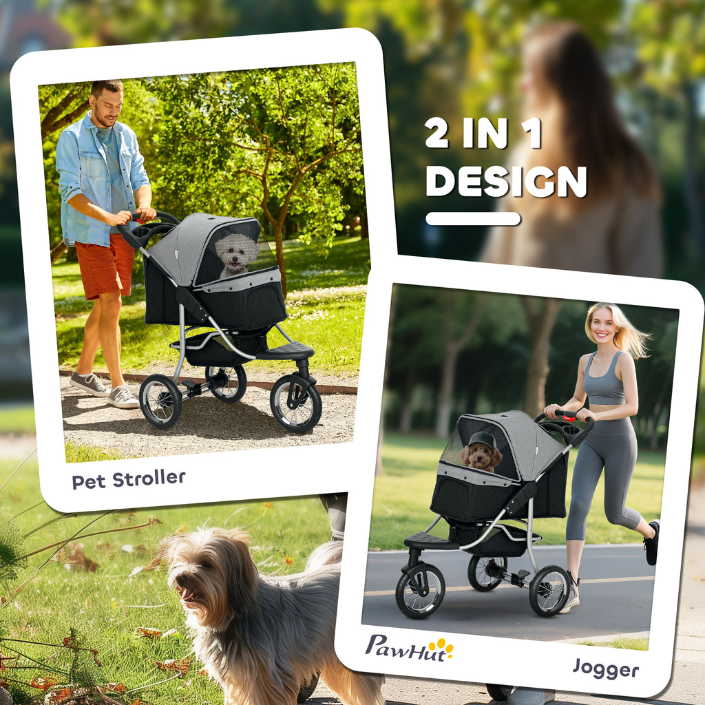 Pet stroller with 2-in-1 design feature, shown in use by a man and a woman in a park setting.
