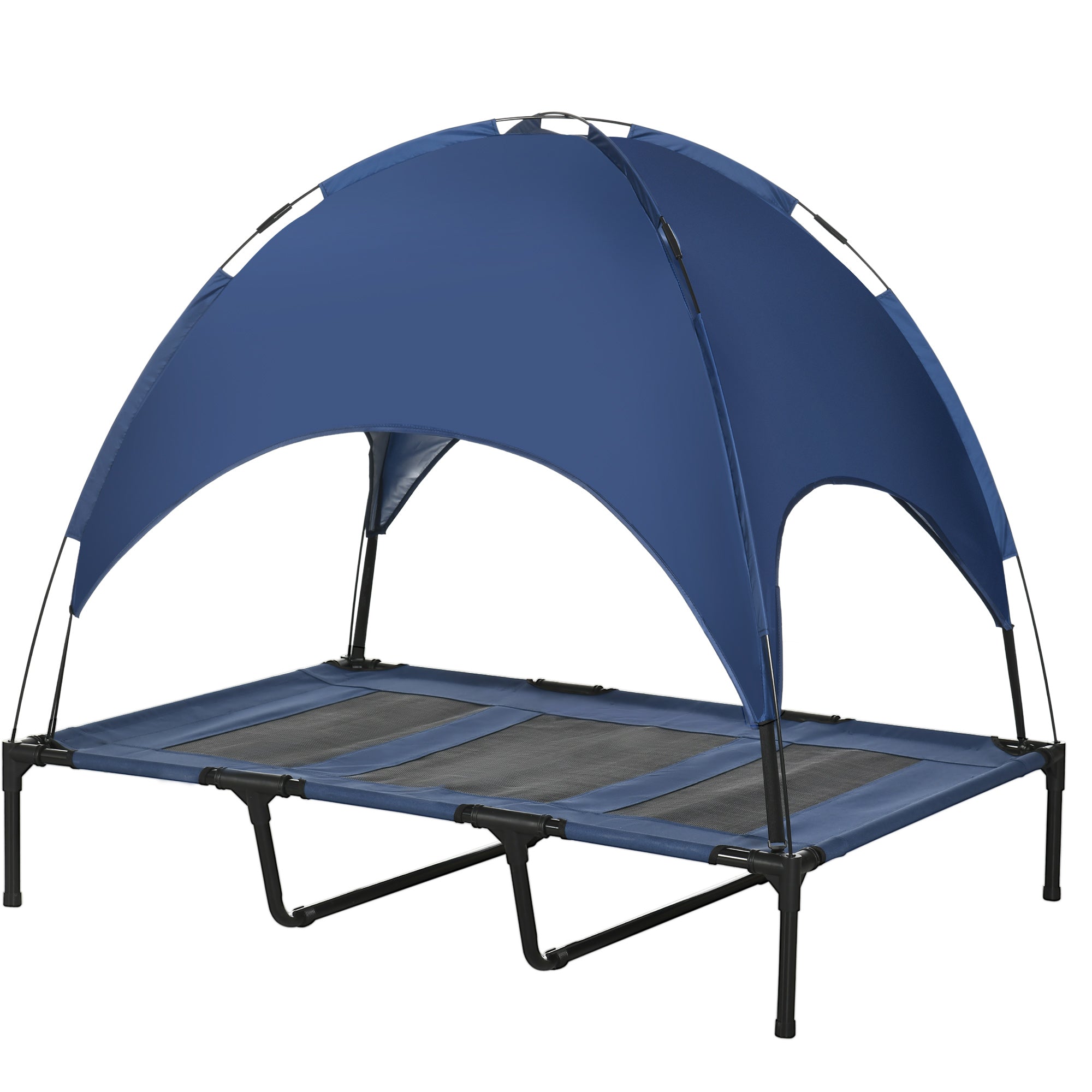 Blue pet cot with canopy on a white background