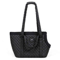 Black quilted pet carrier with a visible brand logo on a white background