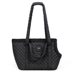Black quilted pet carrier with a visible brand logo on a white background