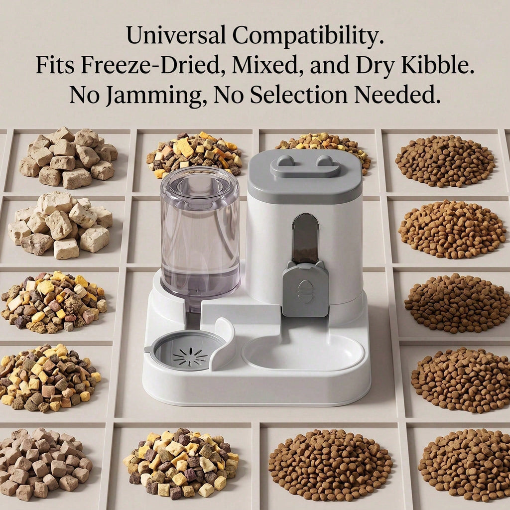 Pet food dispenser with various types of pet food around it on a grid background.