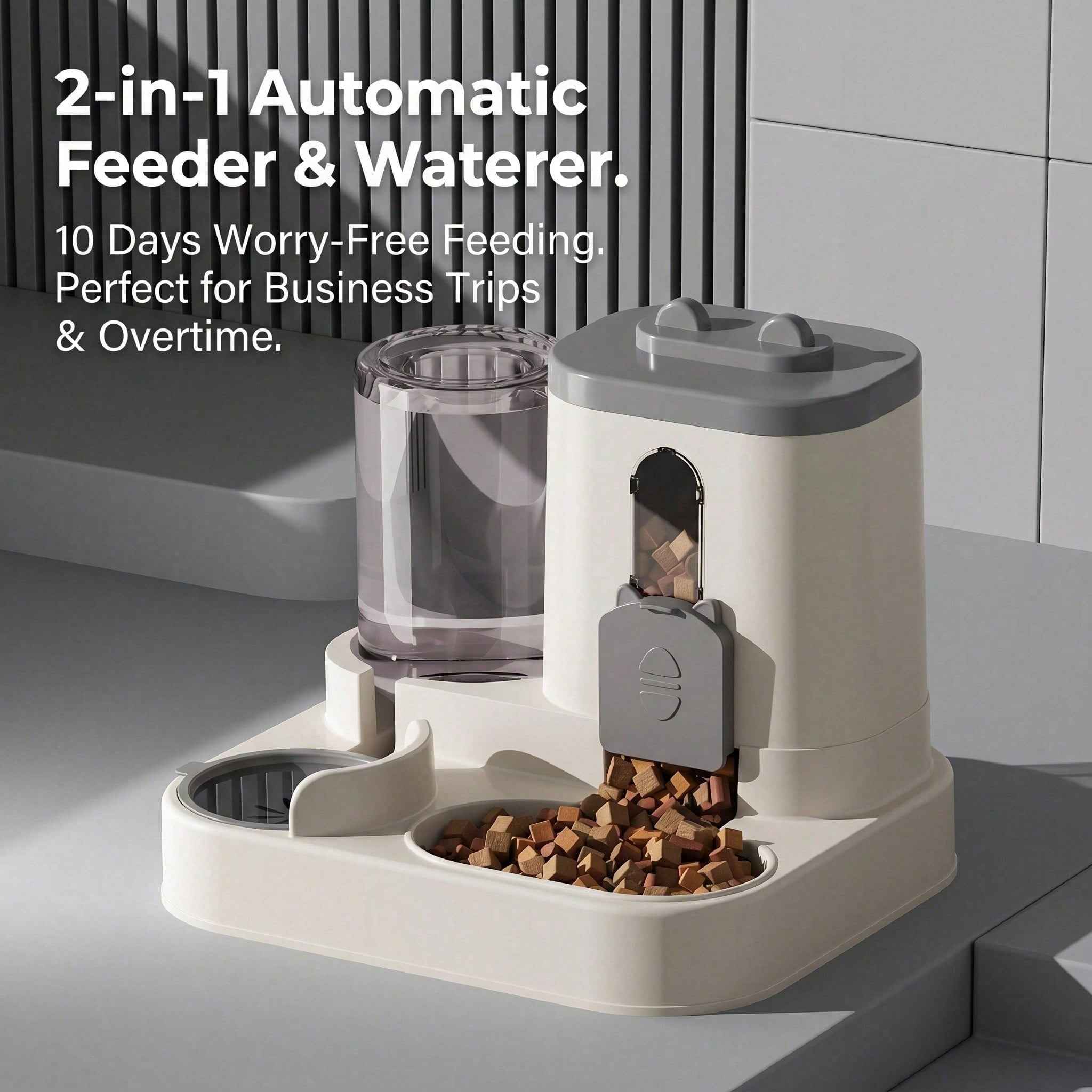 2-in-1 automatic feeder and waterer on a gray surface with text highlighting its features.
