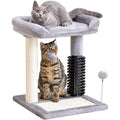 Two cats on a gray cat tree with scratching posts and a ball toy.