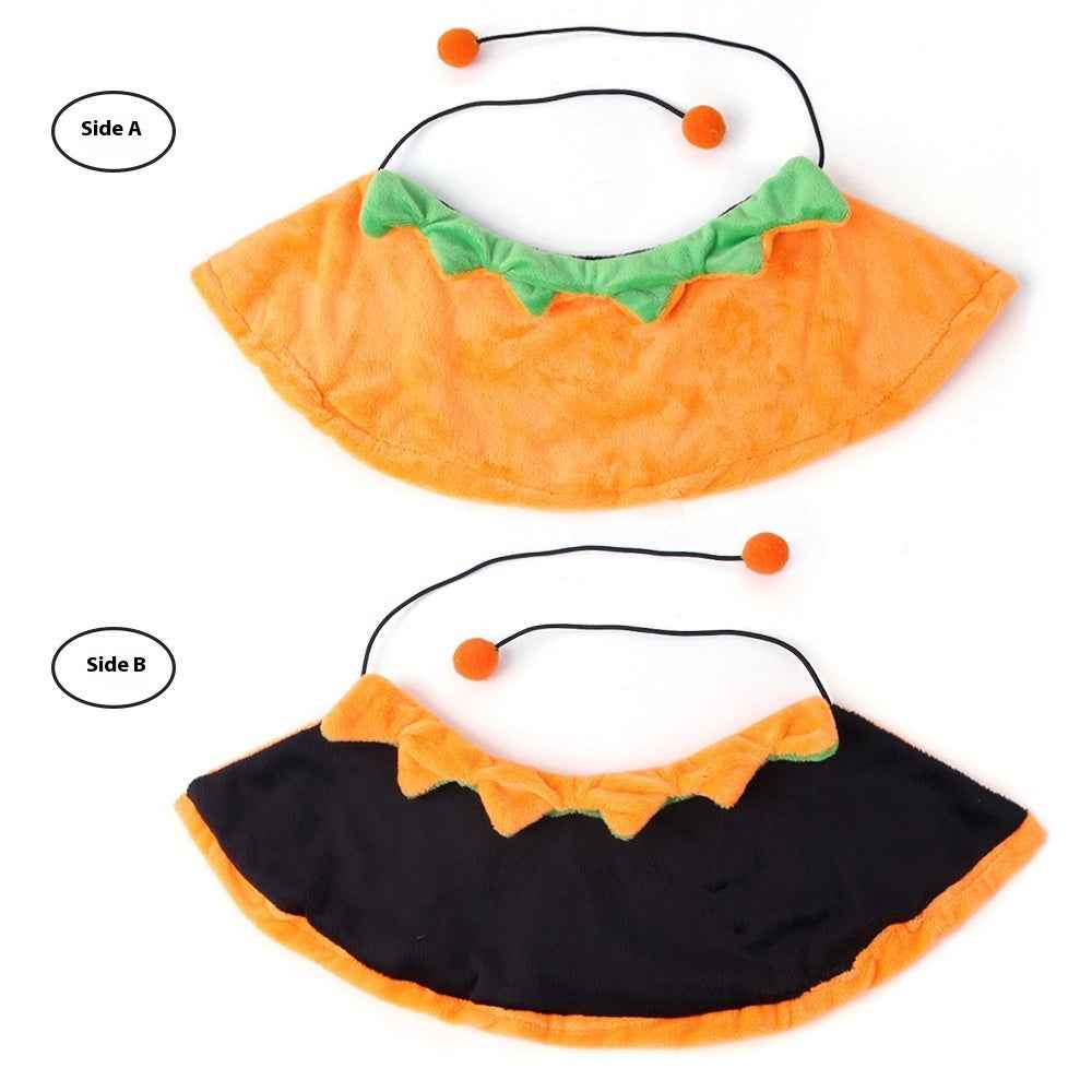Two pumpkin-themed pet collars, one orange with green trim and the other black with orange trim, on a white background.