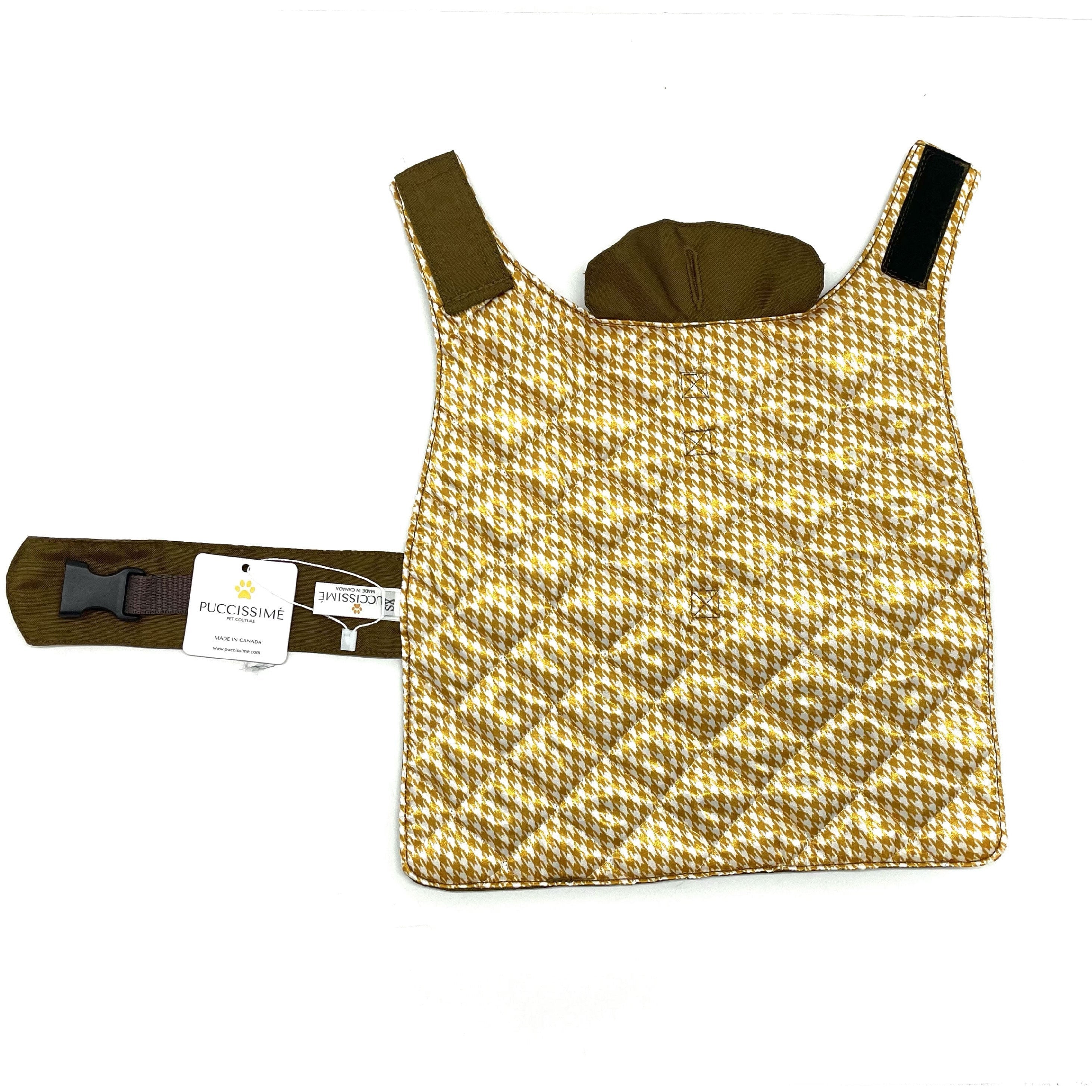 Gold Dog raincoat with a visible brand label on a white background
