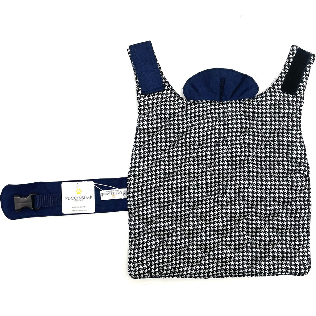 Black and white patterned dog rain coat with blue accents on a white background