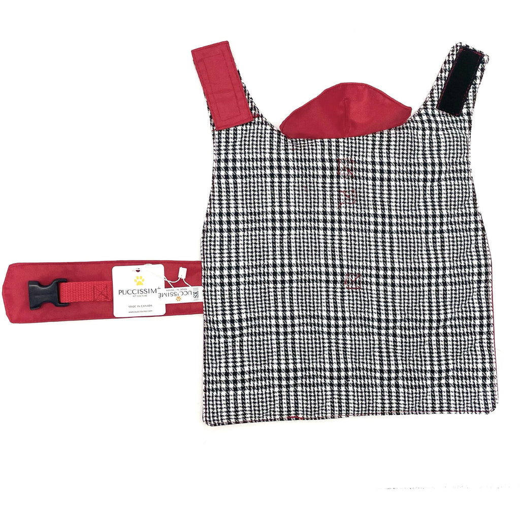 Black and white checkered dog coat with red straps on a white background