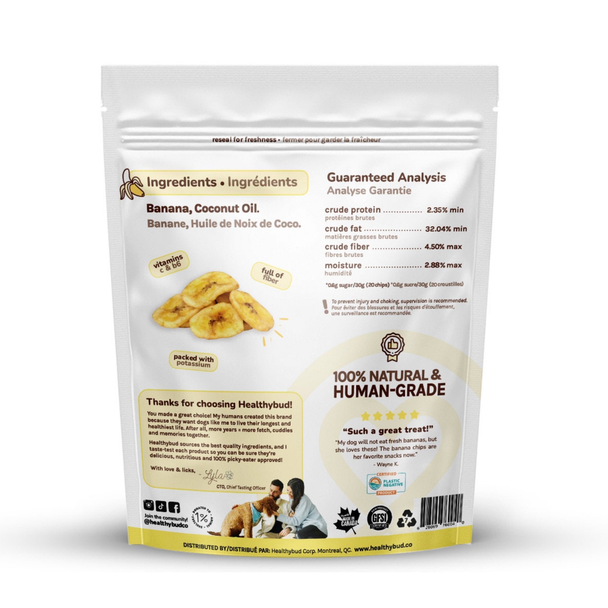 Back of a bag of Banana Chips dog treats