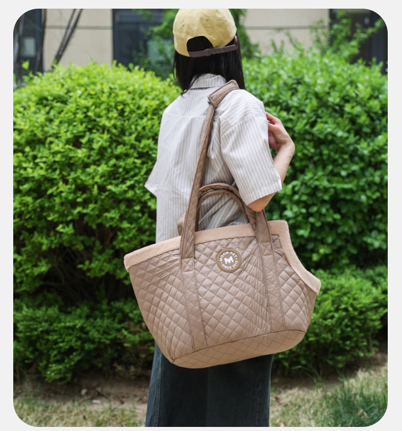 Person holding a beige pet carrier outdoors.