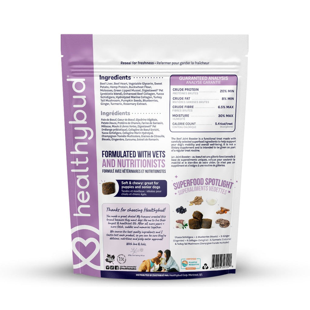 Dog food package with 'Healthybud' branding on a white background