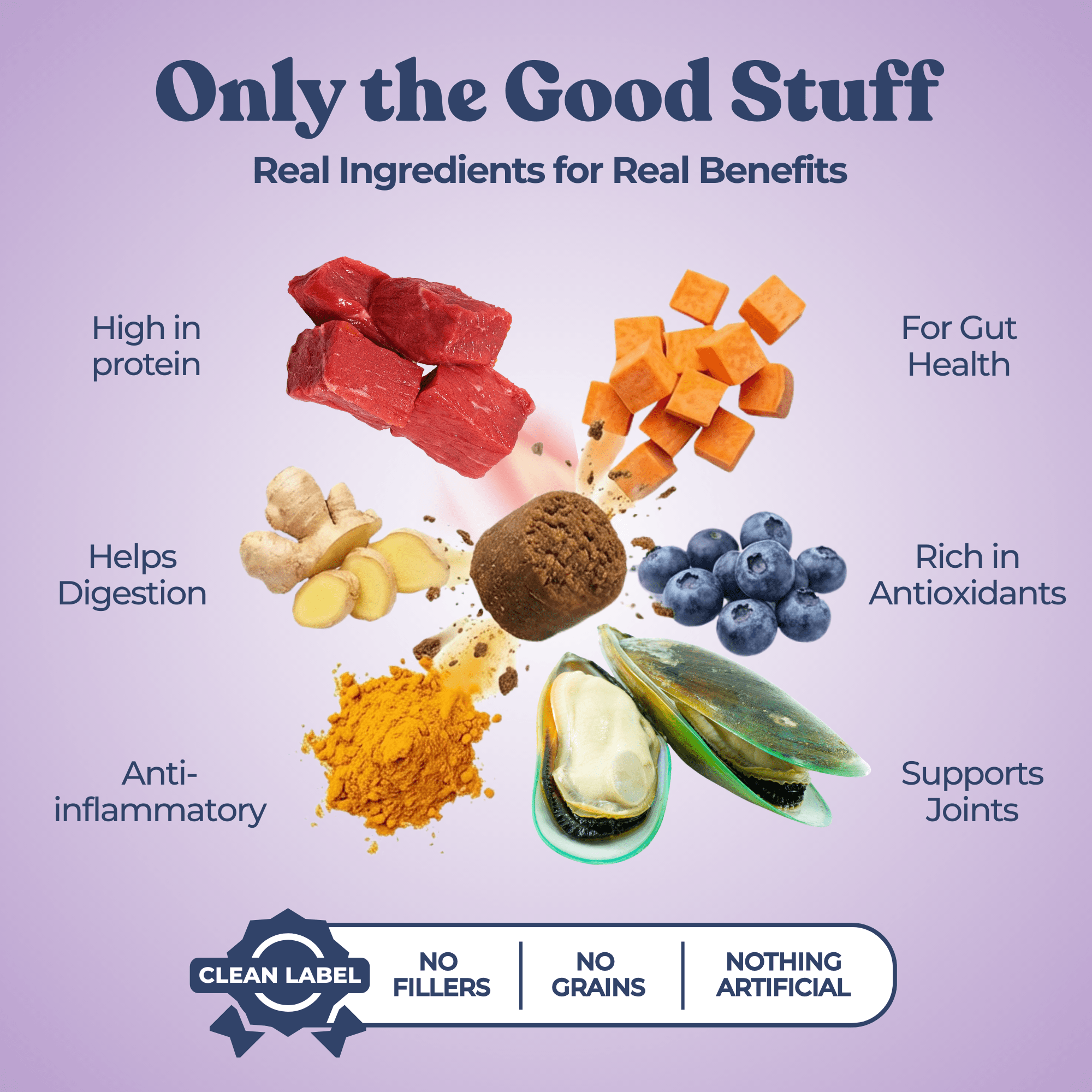 Vibrant display of health benefits with food items and text on a purple background
